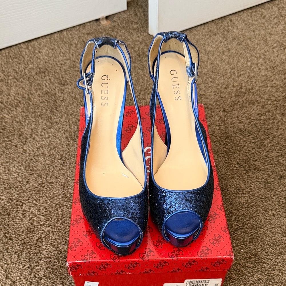 GUESS Sparkling Navy Peep Toe Heels